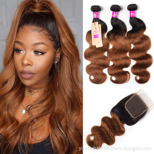 Ombre Red Brown Color 1B/30 Human Hair Bundle with 4x4 Lace Closure Brazilian Virgin Body Wave Bundle Deals Factory Price Vendor